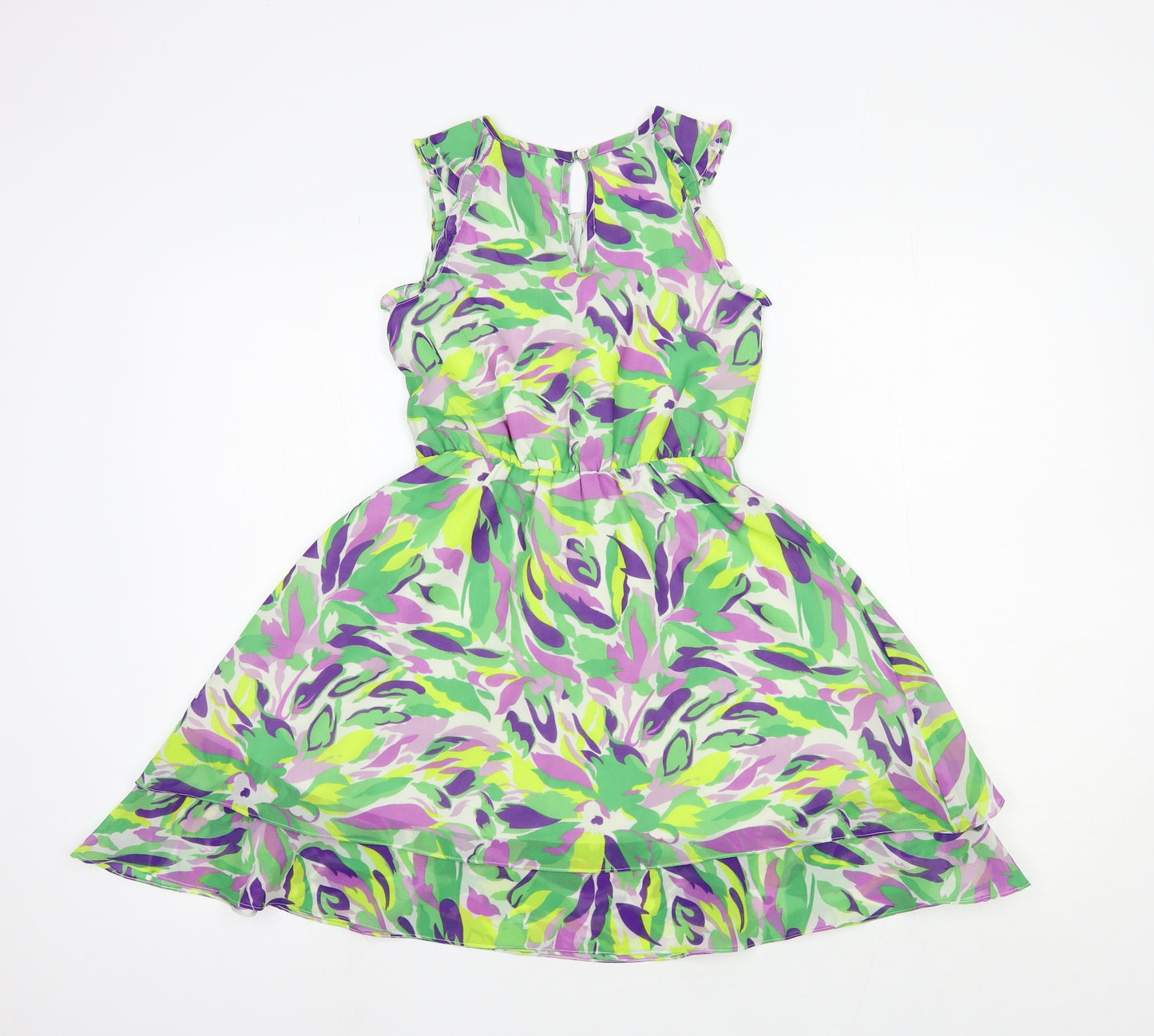 Nutmeg Girls Green Geometric Polyester Fit & Flare Size 7-8 Years Round Neck Button