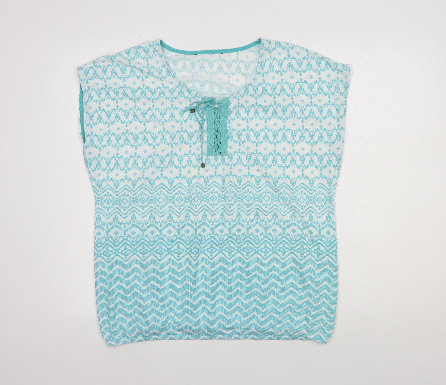 Preworn Womens Blue Geometric Polyester Basic Blouse Size 16 Round Neck