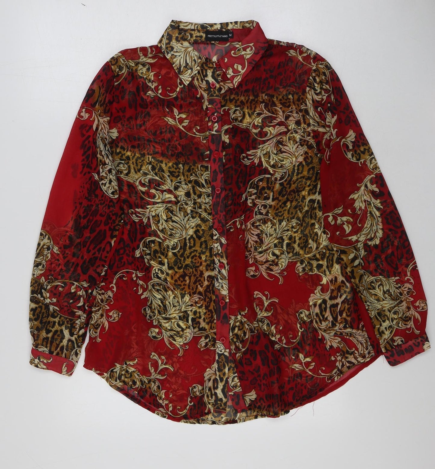 PRETTYLITTLETHING Womens Red Geometric Polyester Basic Button-Up Size M Collared