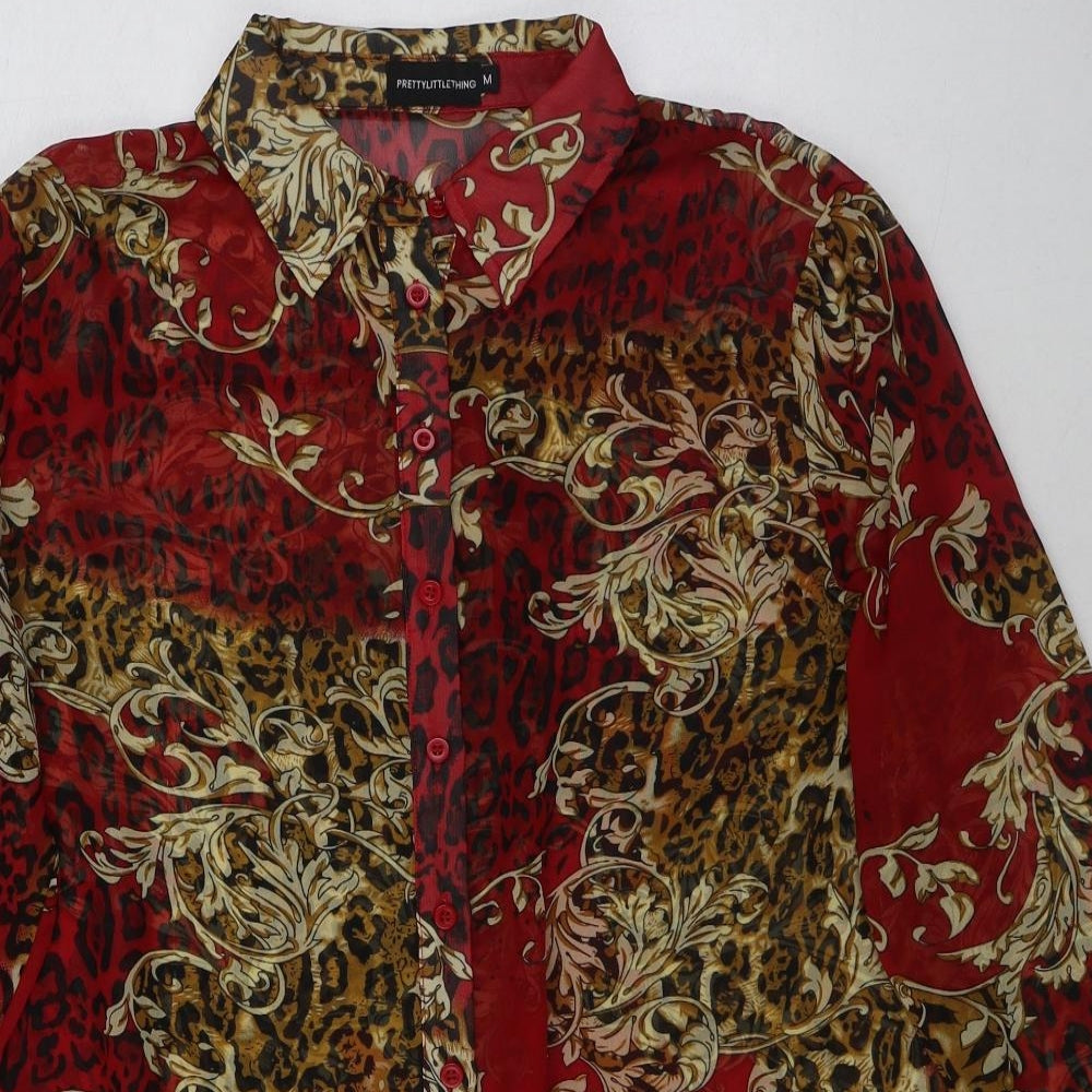 PRETTYLITTLETHING Womens Red Geometric Polyester Basic Button-Up Size M Collared