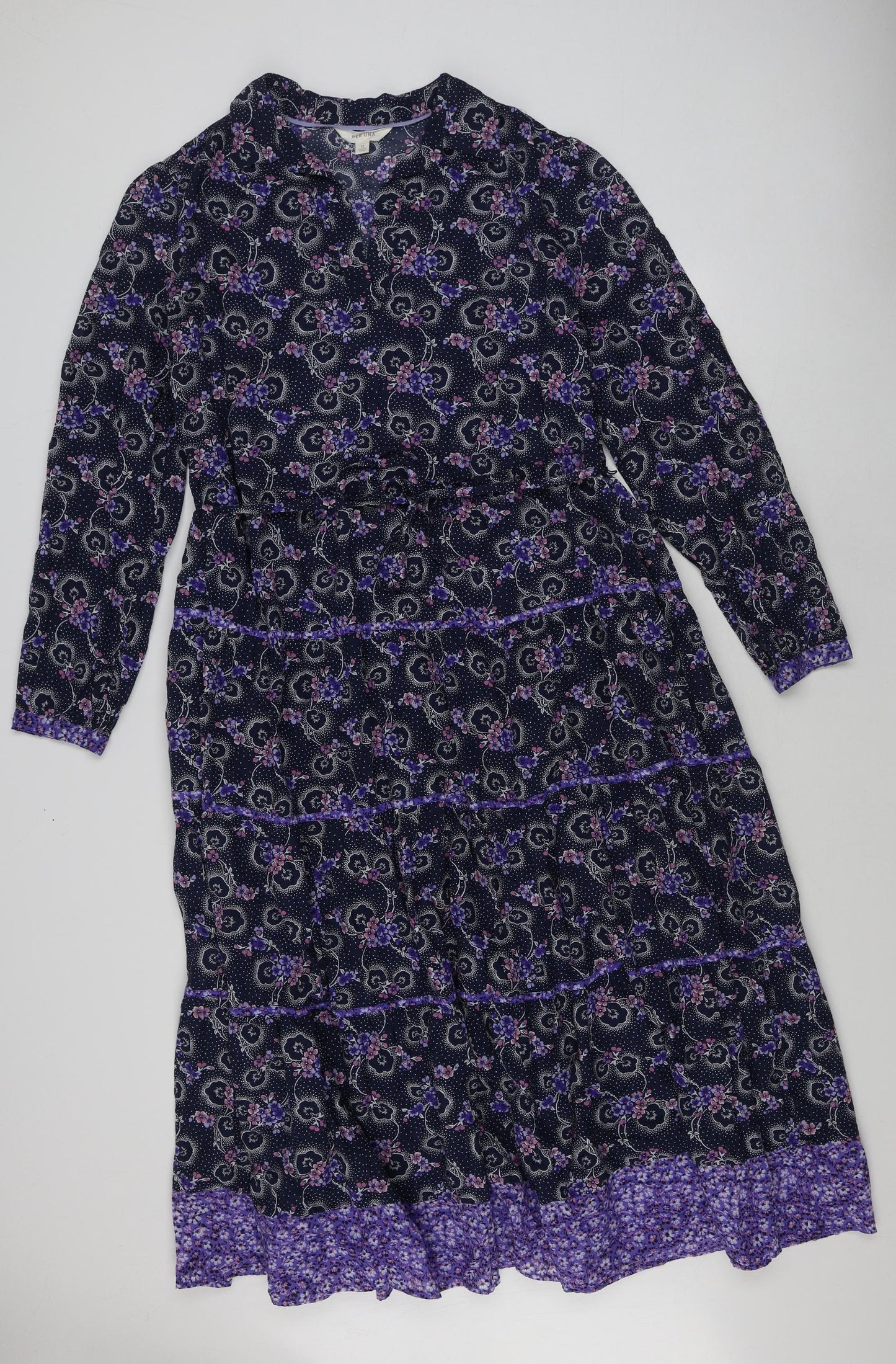 Per Una Womens Blue Geometric 100% Cotton A-Line Size 12 V-Neck Pullover