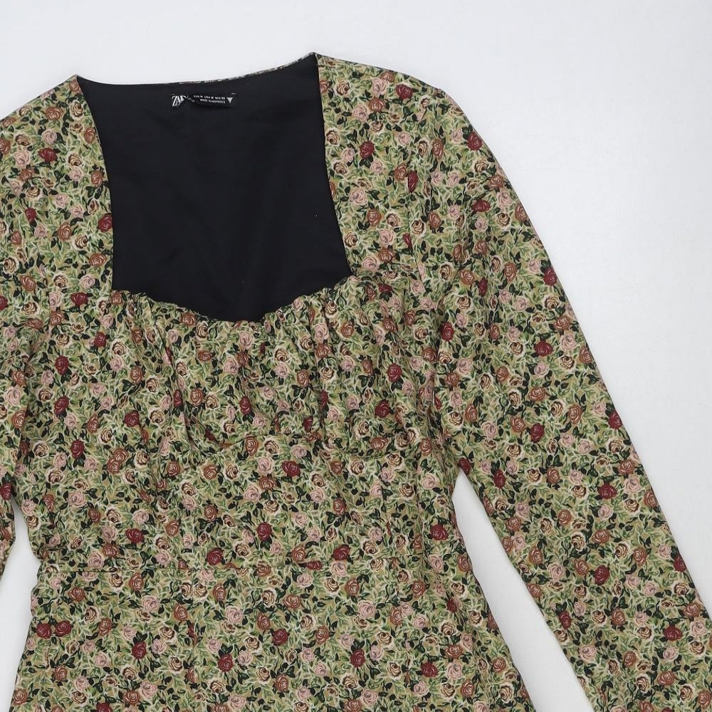 Zara Womens Multicoloured Floral Polyester A-Line Size M Sweetheart Zip