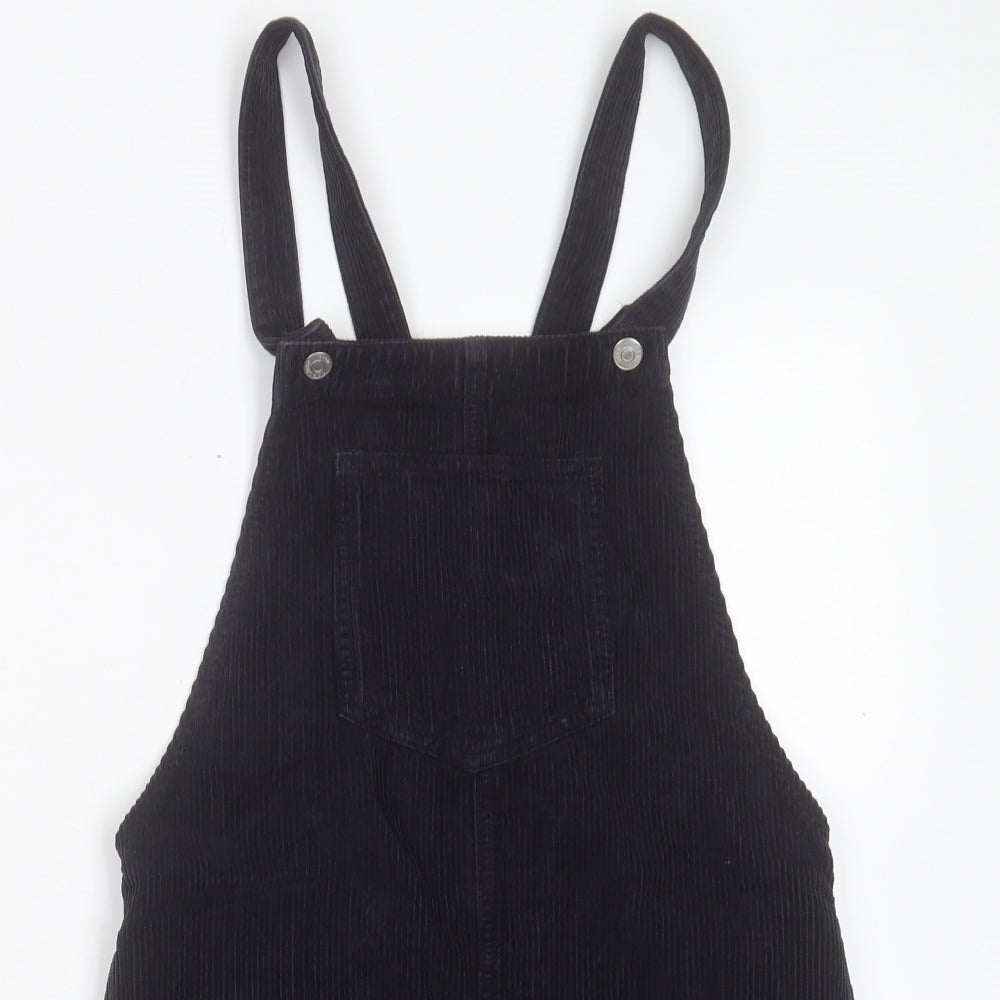 Topshop Womens Black Cotton Pinafore/Dungaree Dress Size 6 Square Neck Button
