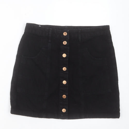 Stradivarius Womens Black Cotton Mini Skirt Size 12 Button