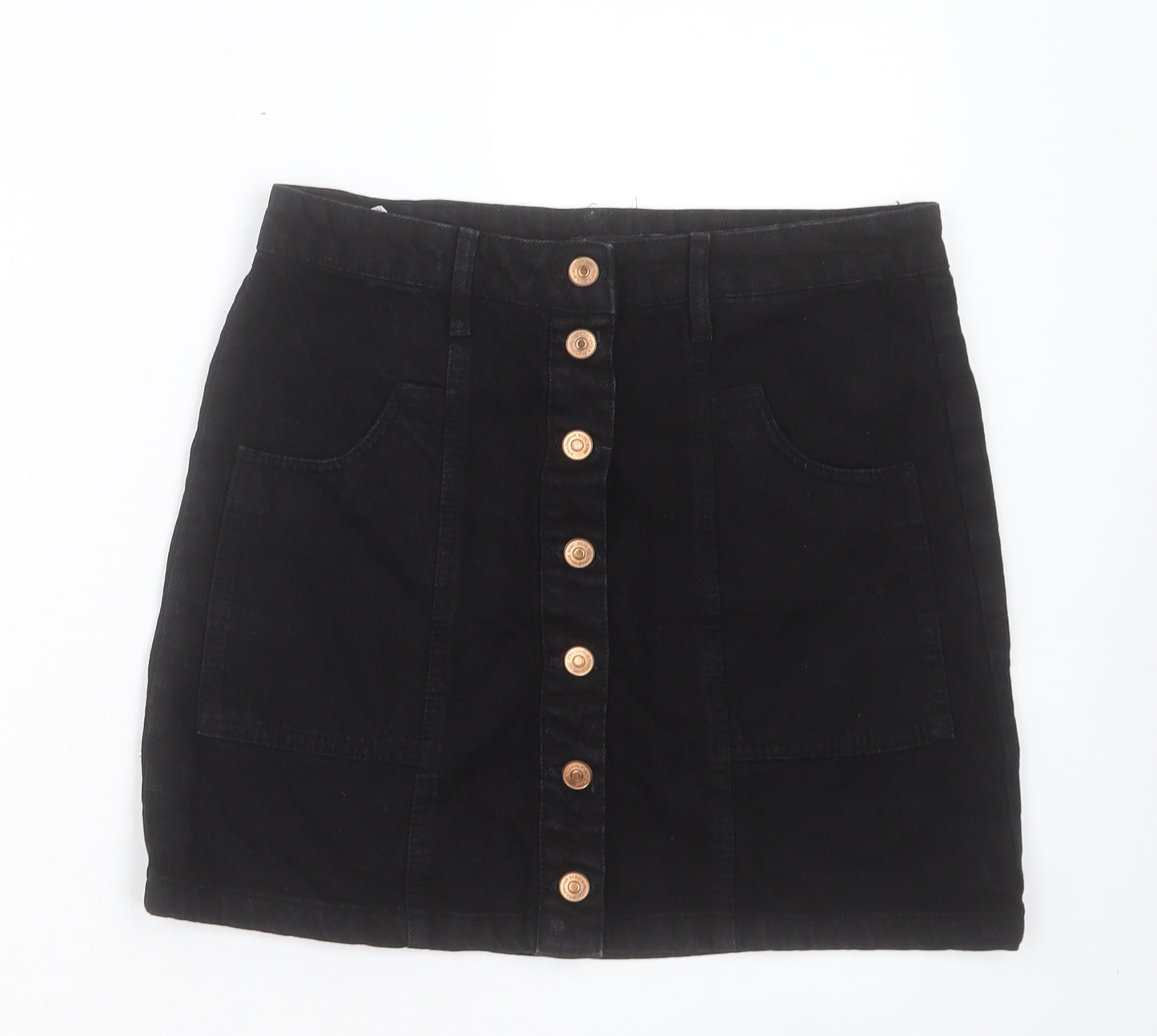 Stradivarius Womens Black Cotton Mini Skirt Size 12 Button