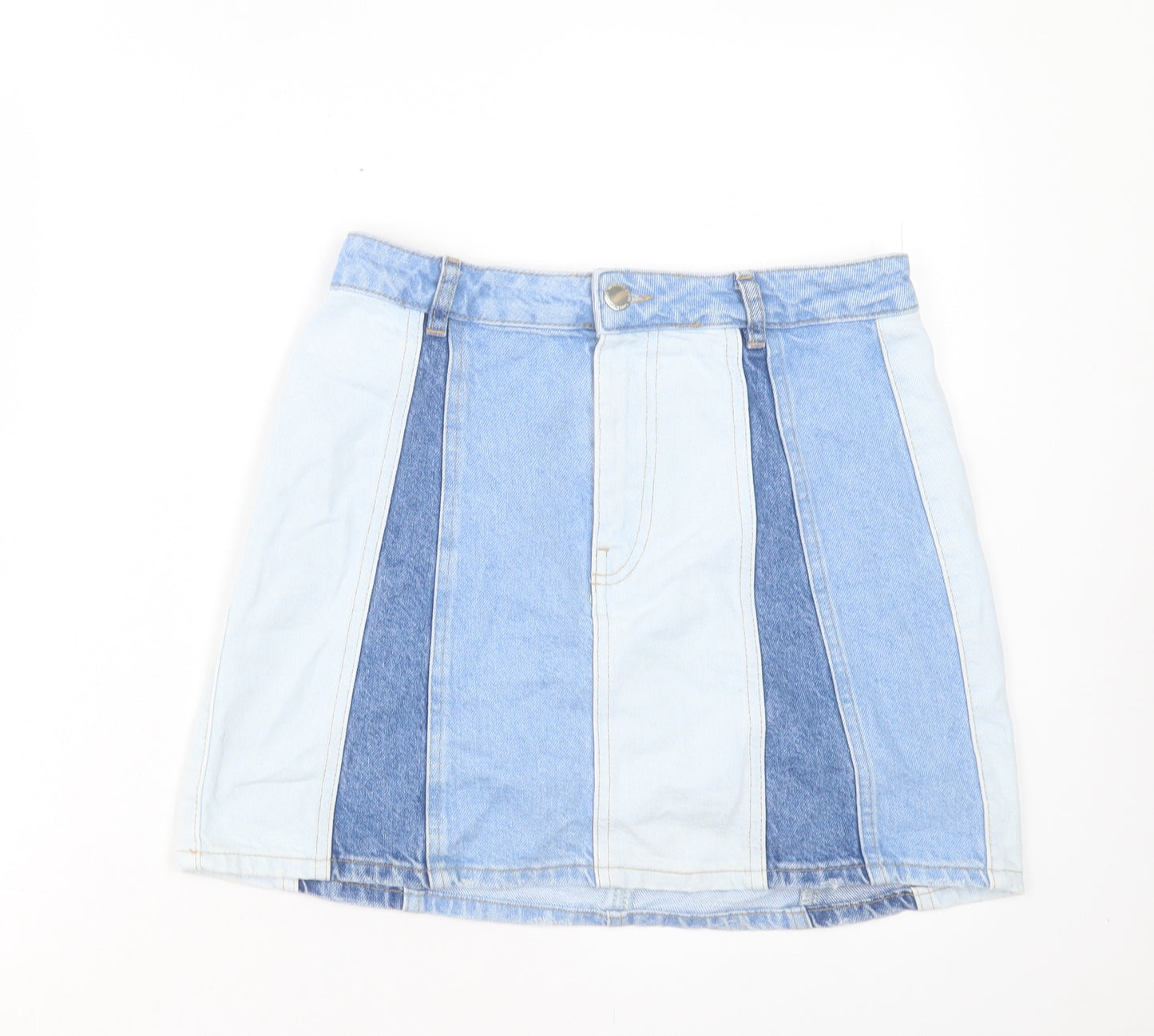 Stradivarius Womens Blue Geometric Cotton A-Line Skirt Size 10 Button