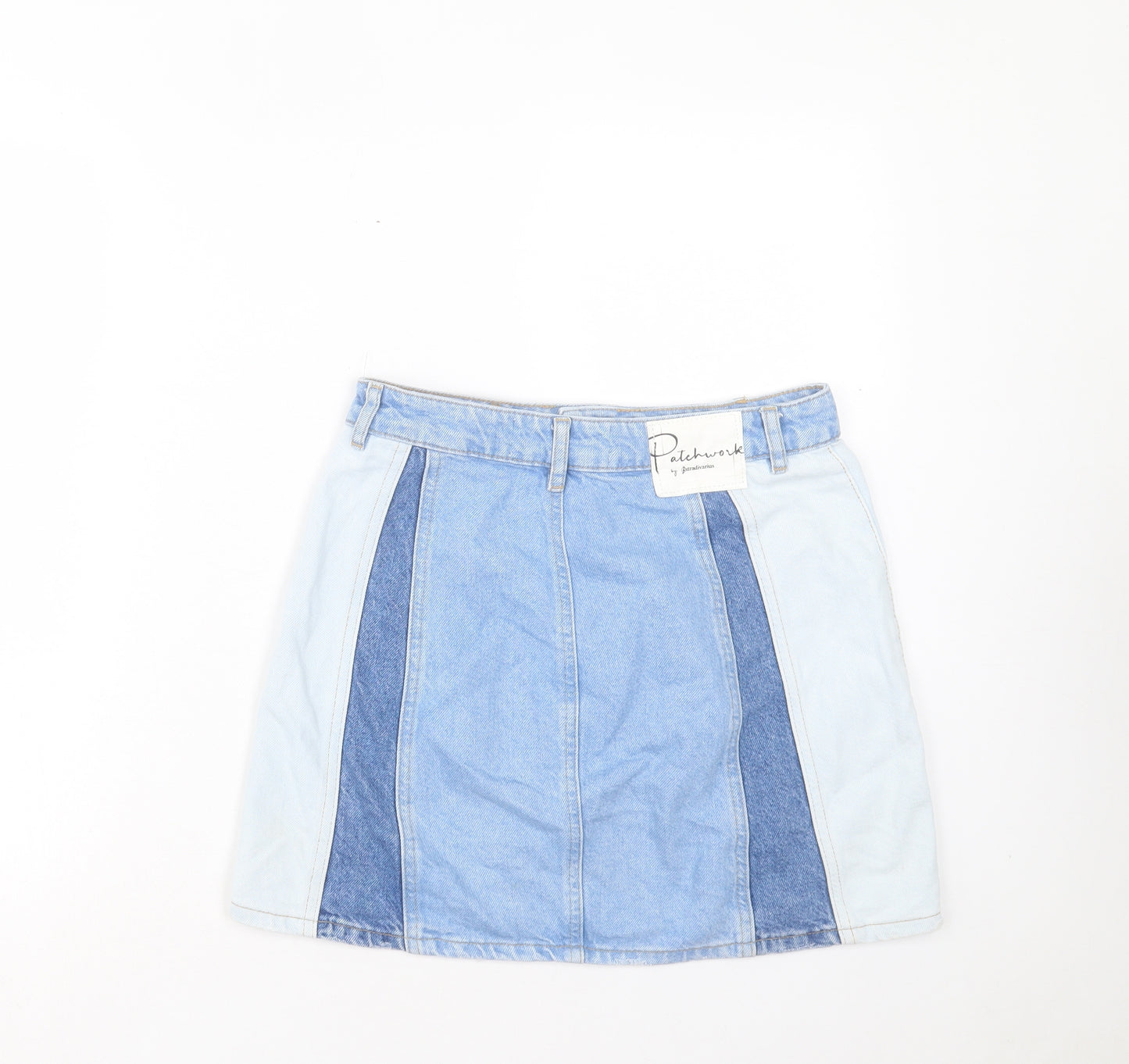 Stradivarius Womens Blue Geometric Cotton A-Line Skirt Size 10 Button