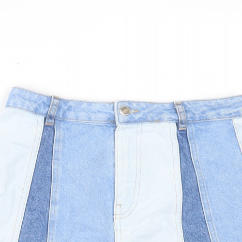 Stradivarius Womens Blue Geometric Cotton A-Line Skirt Size 10 Button