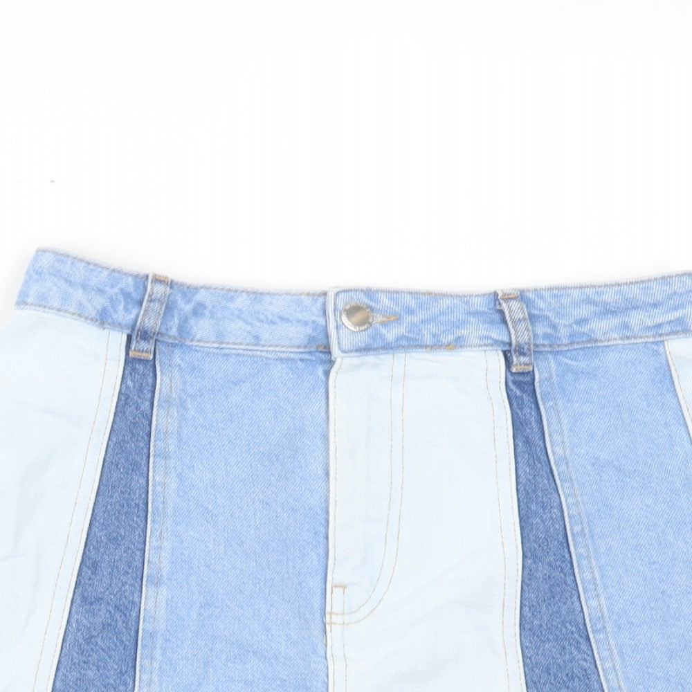 Stradivarius Womens Blue Geometric Cotton A-Line Skirt Size 10 Button