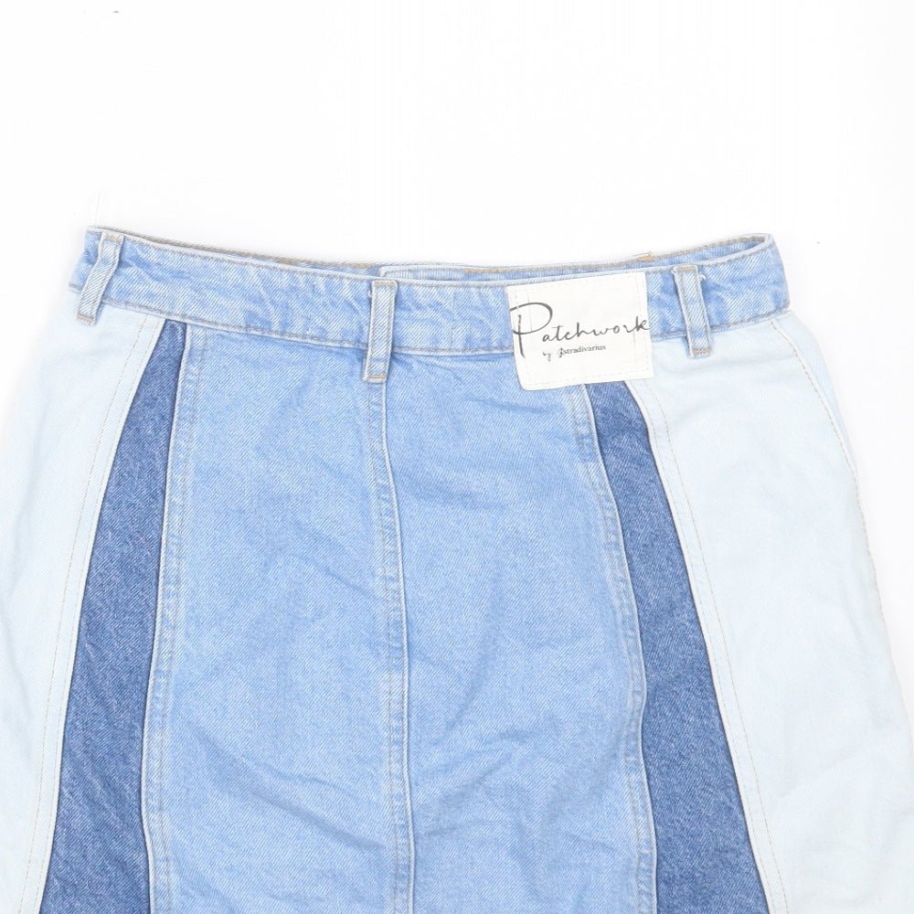 Stradivarius Womens Blue Geometric Cotton A-Line Skirt Size 10 Button