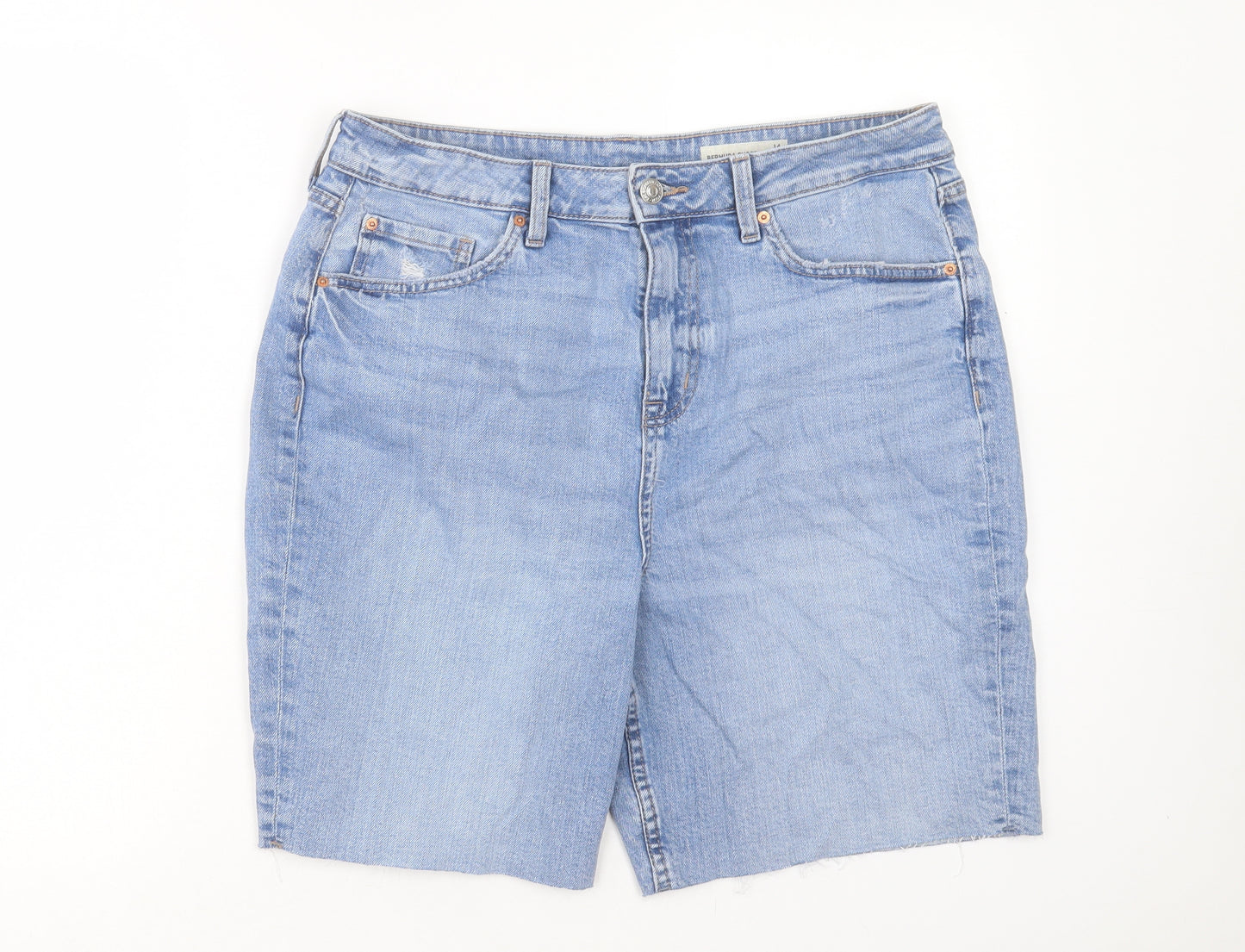Marks and Spencer Womens Blue Cotton Bermuda Shorts Size 14 L9 in Regular Button