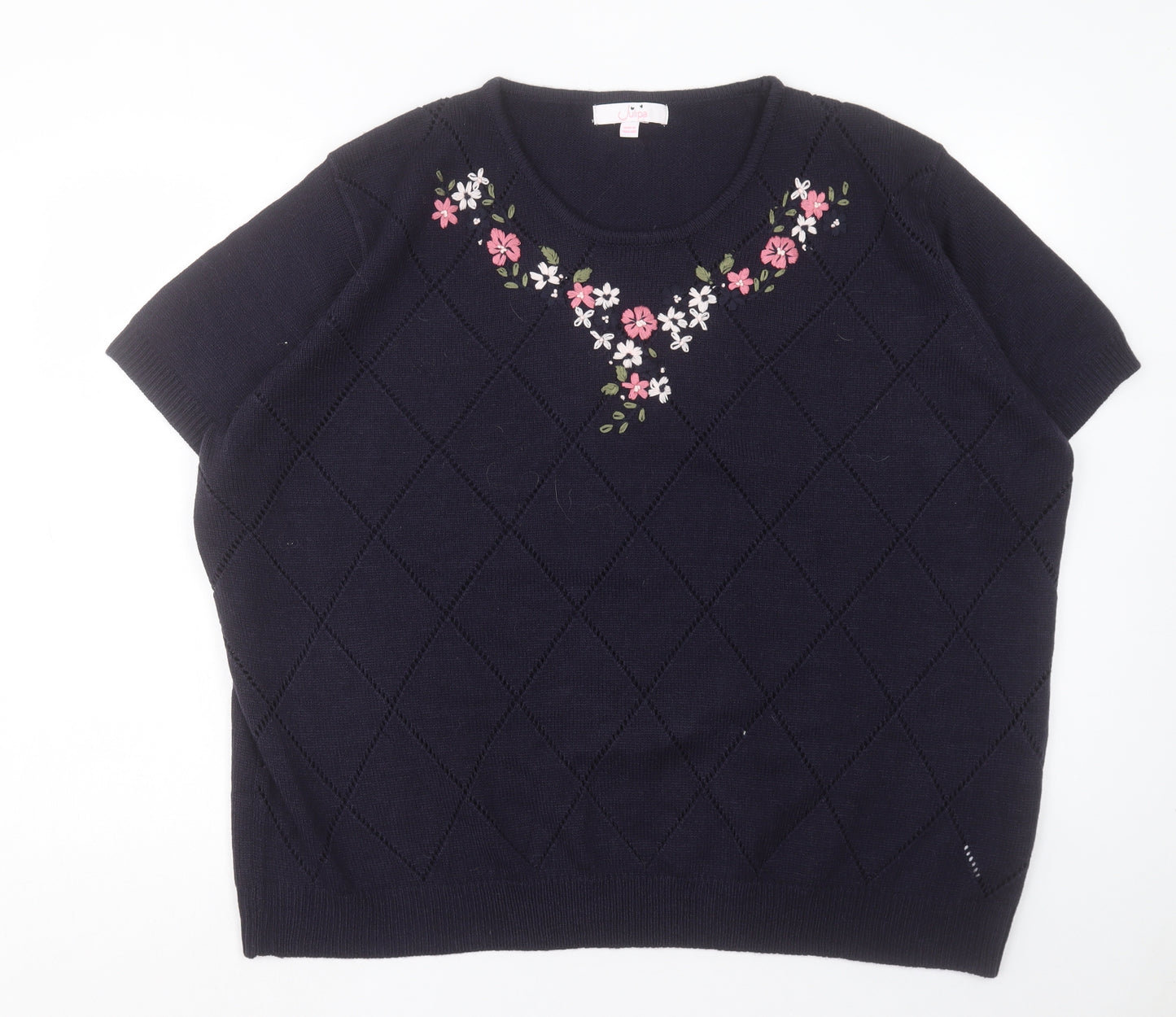 Julipa Womens Blue Round Neck Acrylic Pullover Jumper Size 28 - Floral Detail