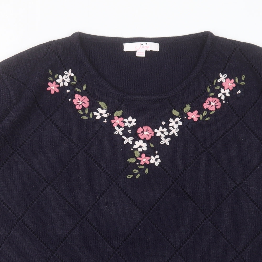 Julipa Womens Blue Round Neck Acrylic Pullover Jumper Size 28 - Floral Detail