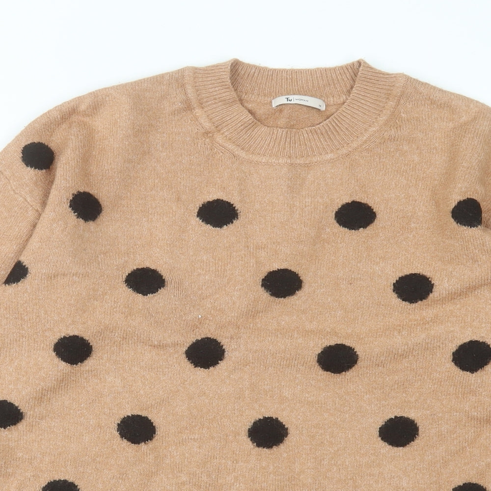 TU Womens Brown Crew Neck Polka Dot Acrylic Pullover Jumper Size 14