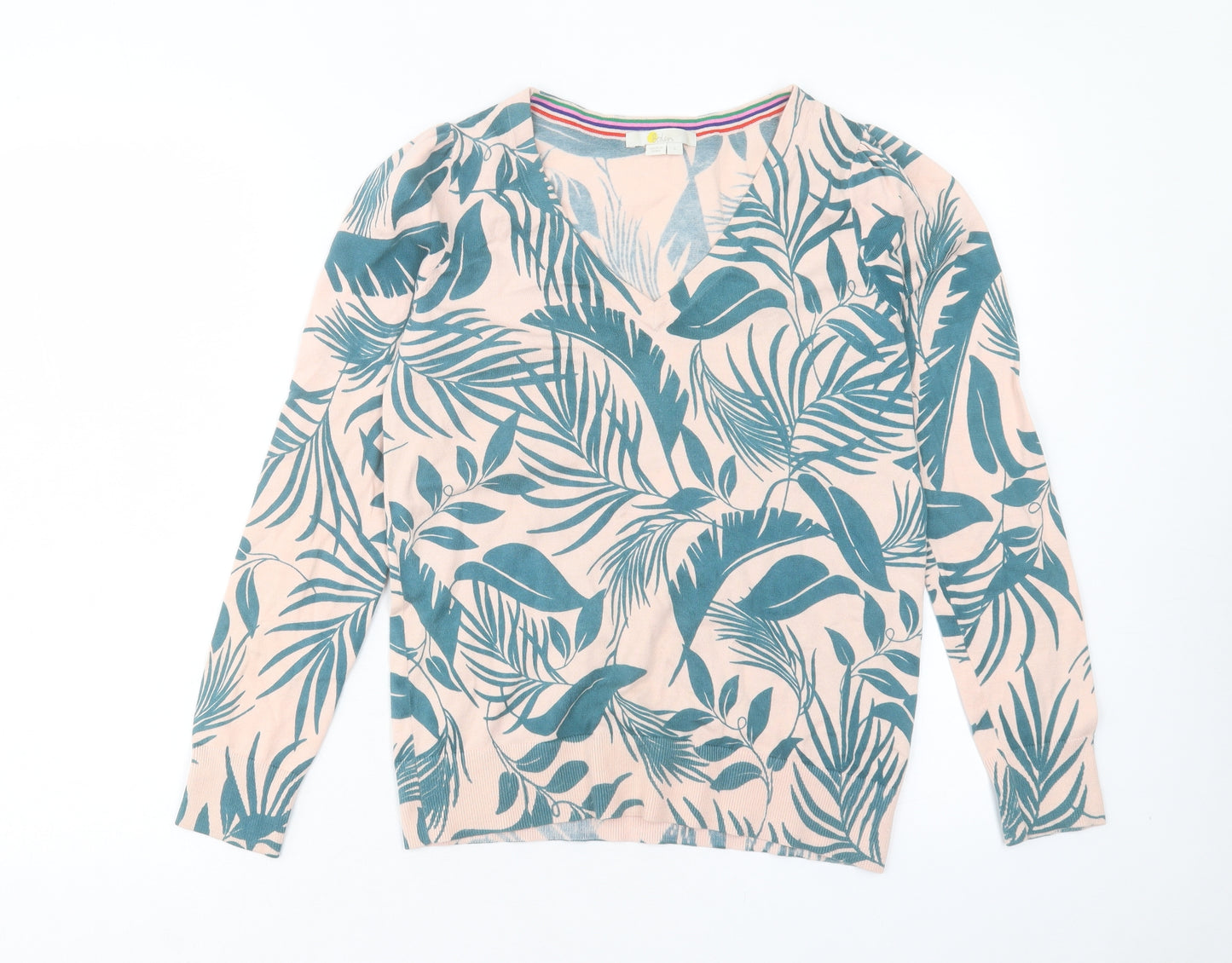 Boden Womens Pink V-Neck Floral Cotton Pullover Jumper Size S