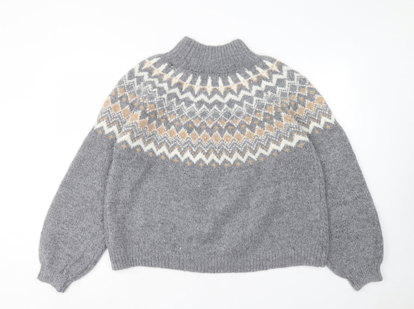 Primark Womens Grey Mock Neck Geometric Acrylic Pullover Jumper Size XL