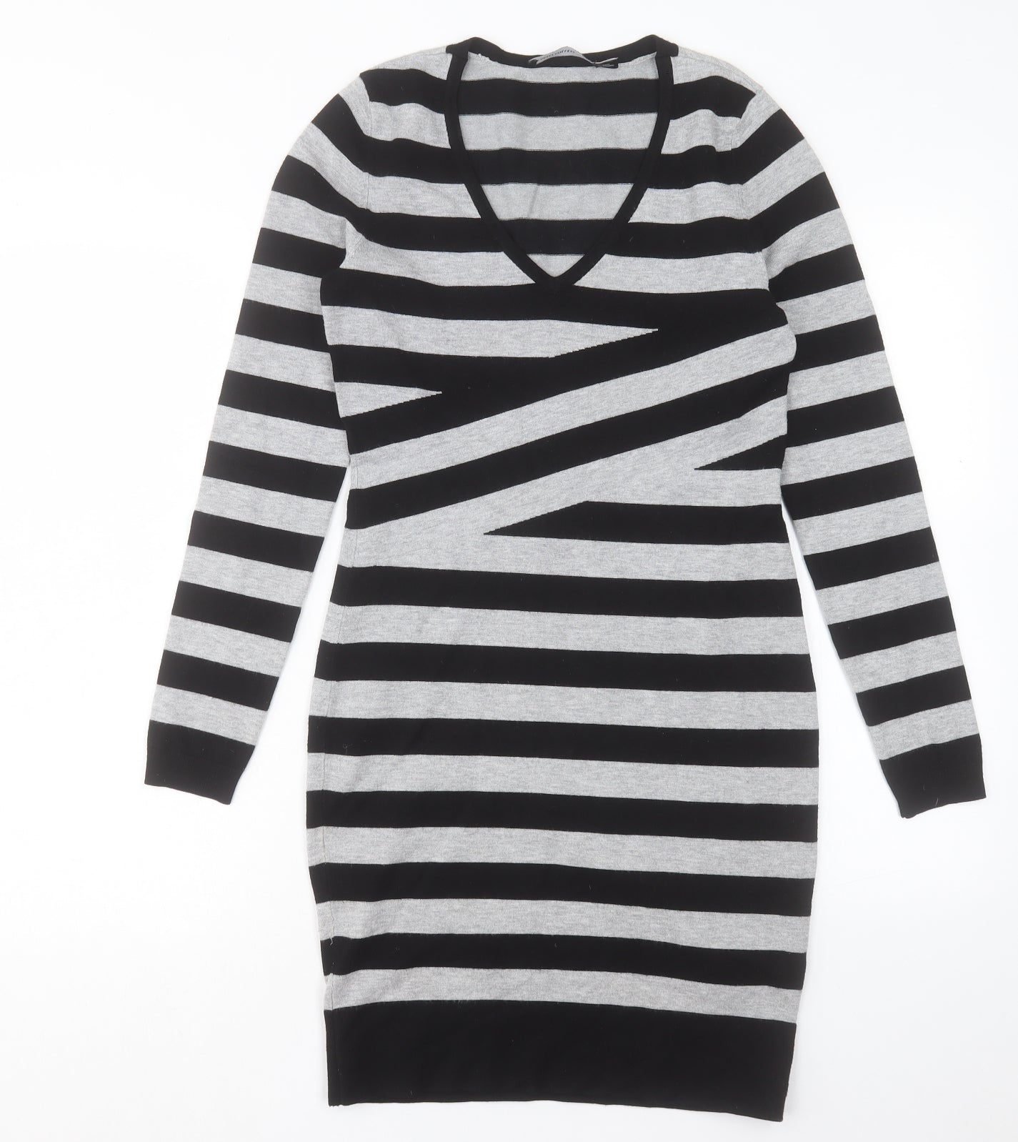 Karen Millen Womens Grey Striped Polyamide Jumper Dress Size S V-Neck Pullover