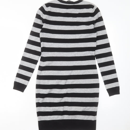 Karen Millen Womens Grey Striped Polyamide Jumper Dress Size S V-Neck Pullover
