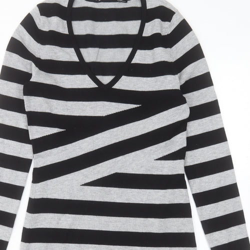 Karen Millen Womens Grey Striped Polyamide Jumper Dress Size S V-Neck Pullover