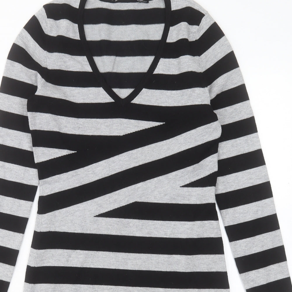 Karen Millen Womens Grey Striped Polyamide Jumper Dress Size S V-Neck Pullover