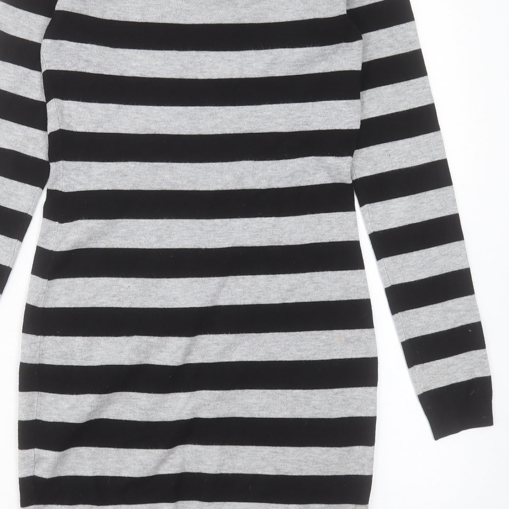 Karen Millen Womens Grey Striped Polyamide Jumper Dress Size S V-Neck Pullover