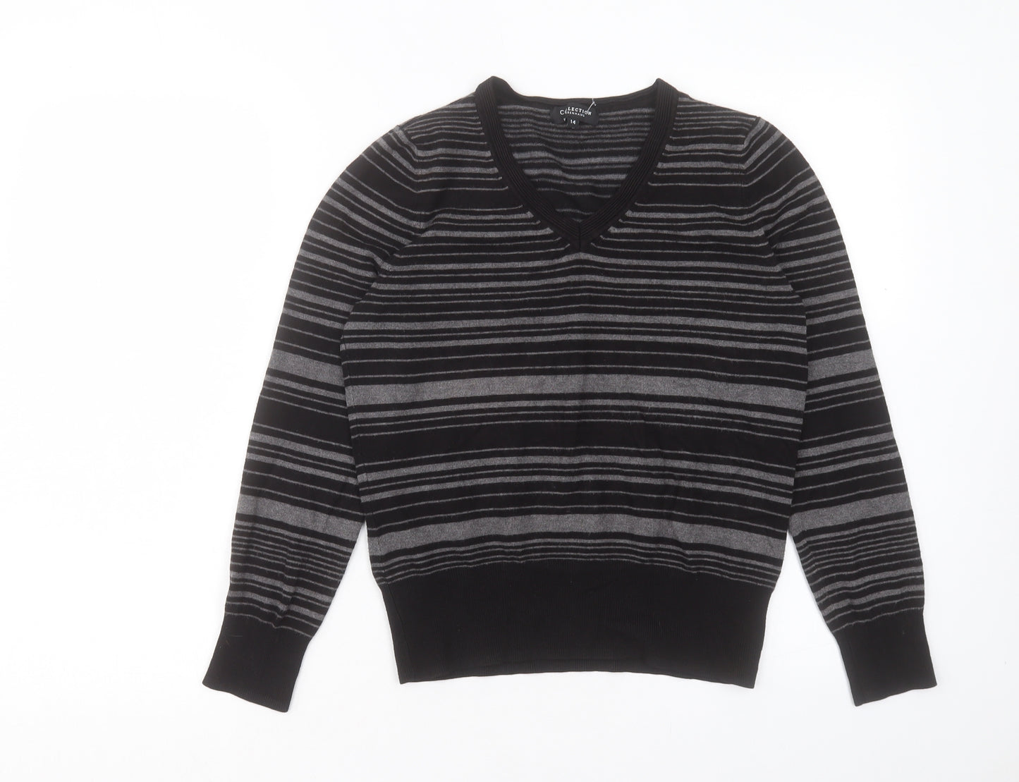 Debenhams Womens Black V-Neck Striped Viscose Pullover Jumper Size 14