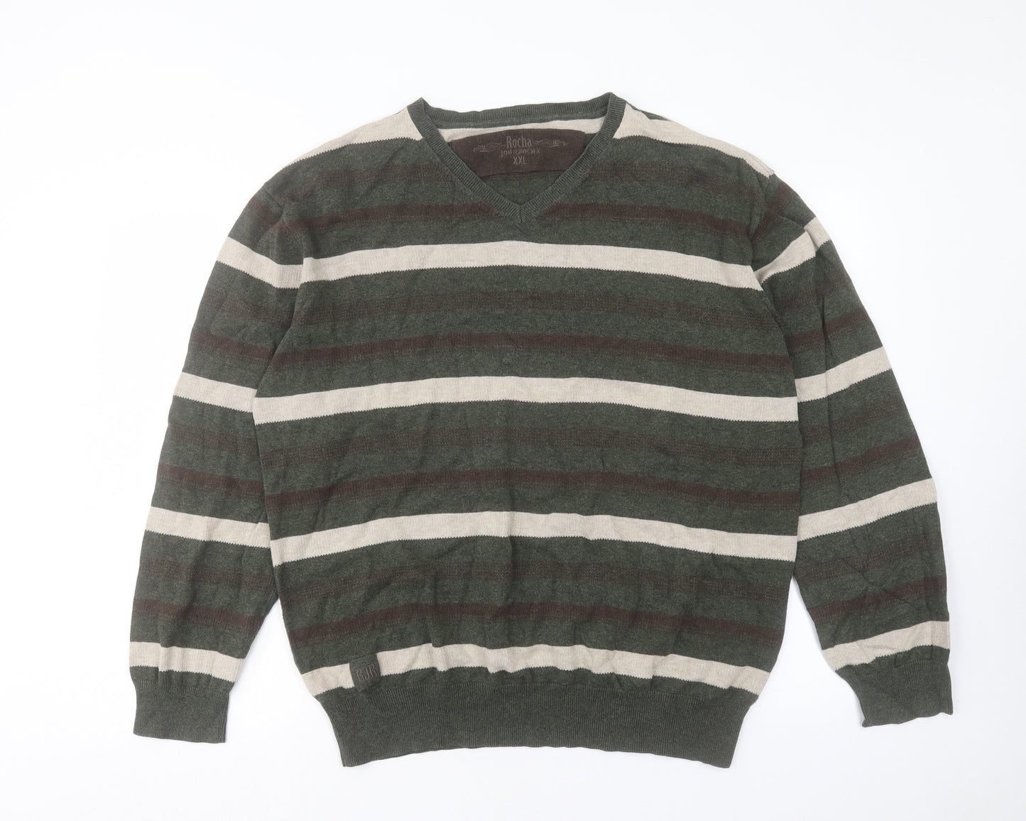 RJR.John Rocha Mens Green Round Neck Striped Cotton Pullover Jumper Size 2XL
