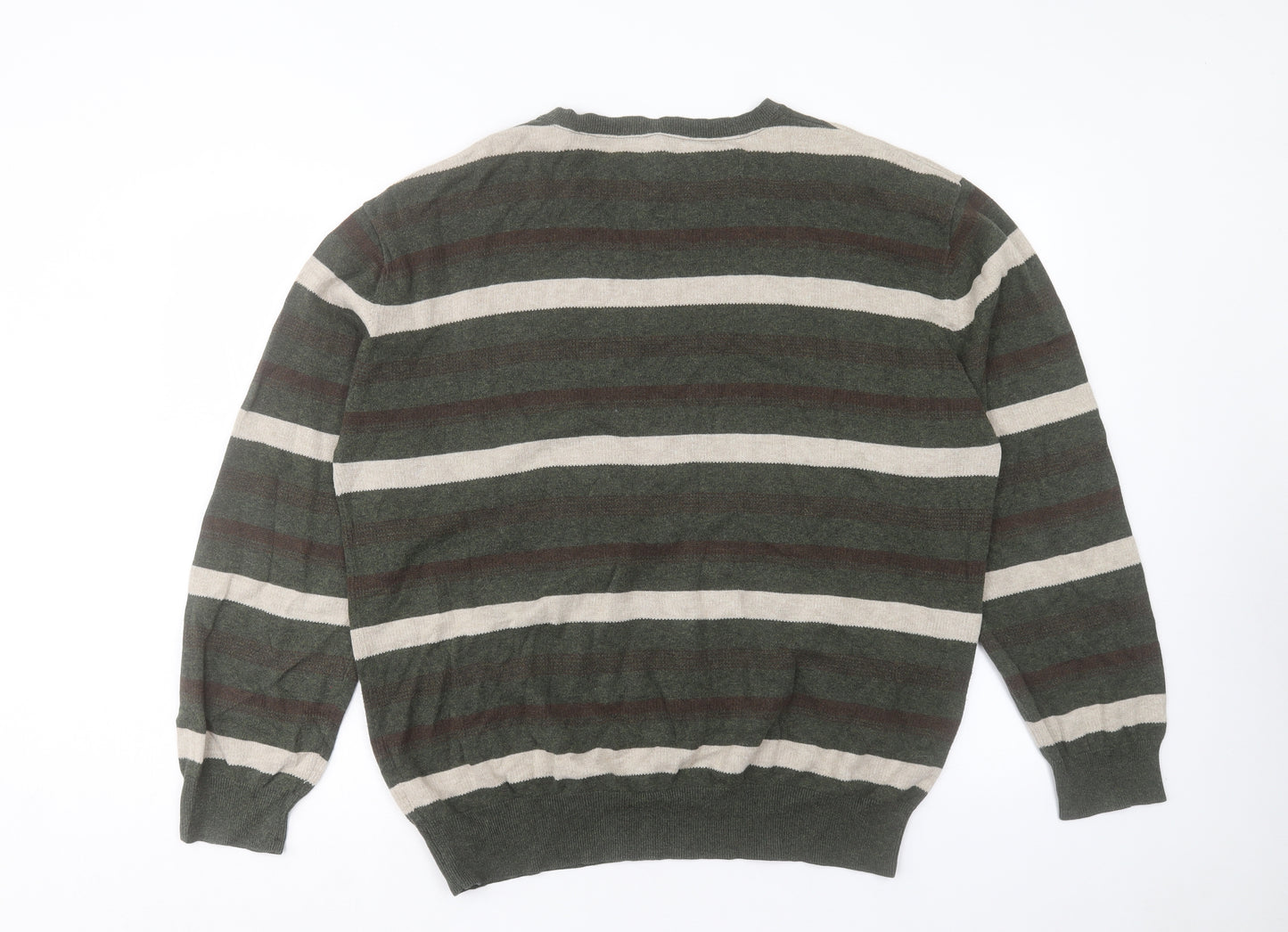RJR.John Rocha Mens Green Round Neck Striped Cotton Pullover Jumper Size 2XL