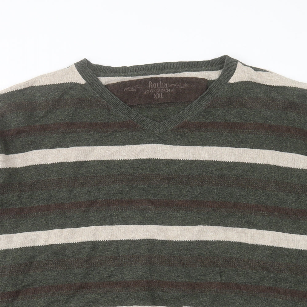 RJR.John Rocha Mens Green Round Neck Striped Cotton Pullover Jumper Size 2XL