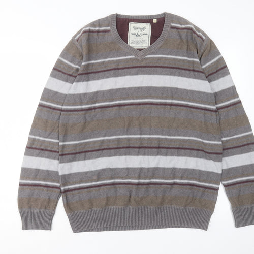 Debenhams Mens Grey V-Neck Striped Cotton Pullover Jumper Size L