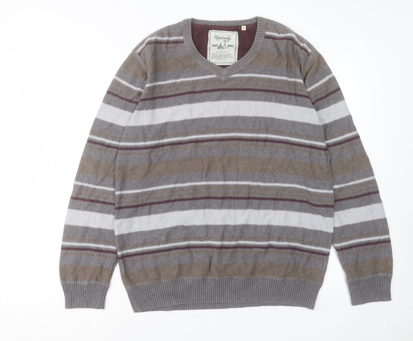 Debenhams Mens Grey V-Neck Striped Cotton Pullover Jumper Size L