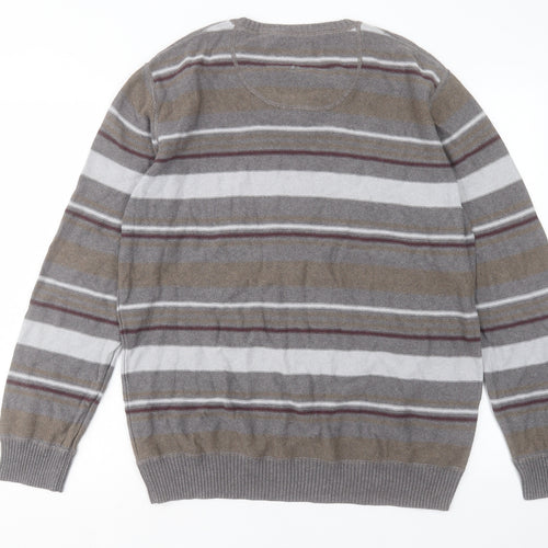 Debenhams Mens Grey V-Neck Striped Cotton Pullover Jumper Size L
