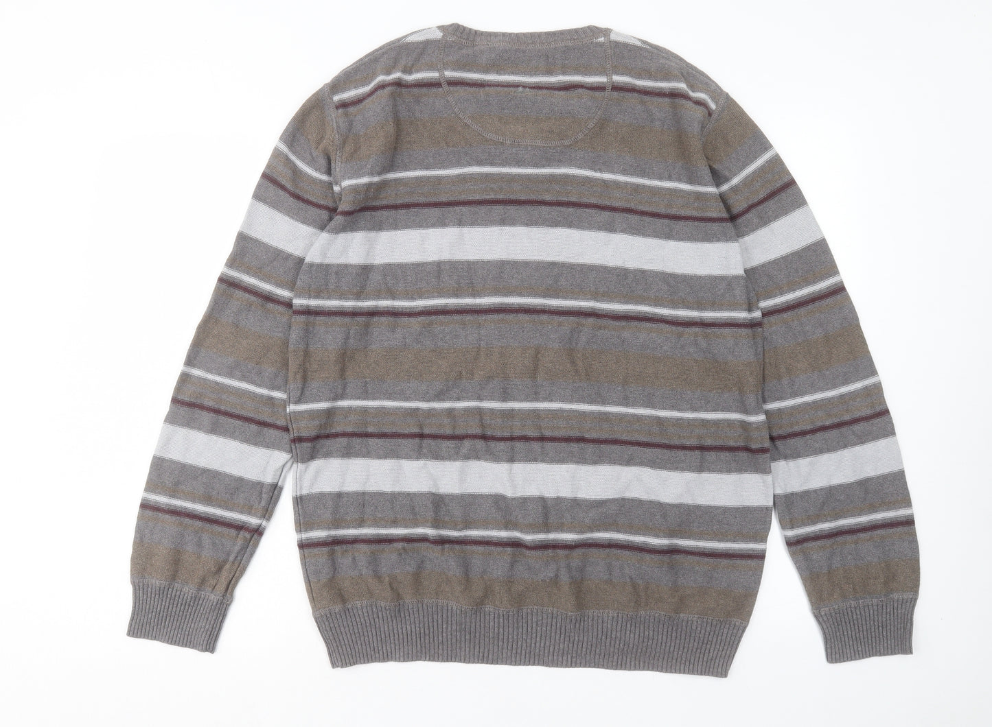 Debenhams Mens Grey V-Neck Striped Cotton Pullover Jumper Size L