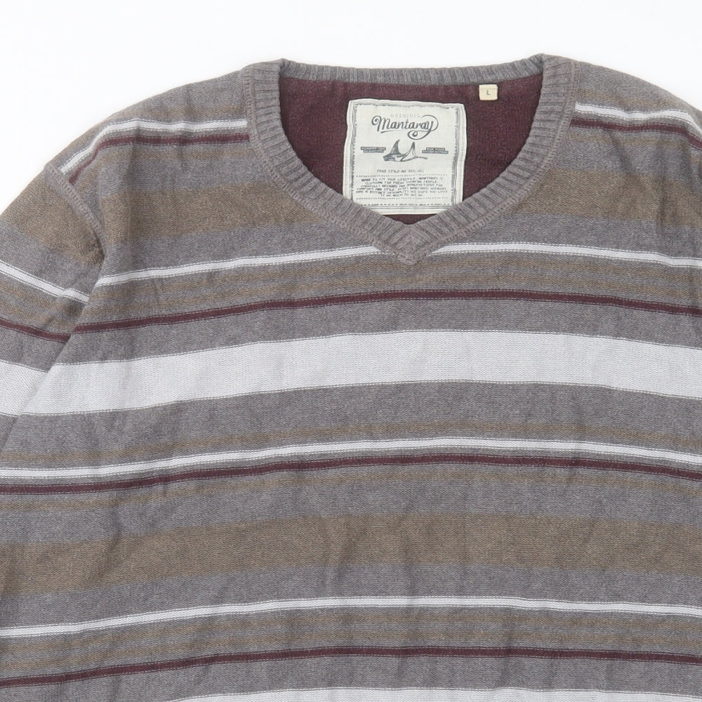 Debenhams Mens Grey V-Neck Striped Cotton Pullover Jumper Size L