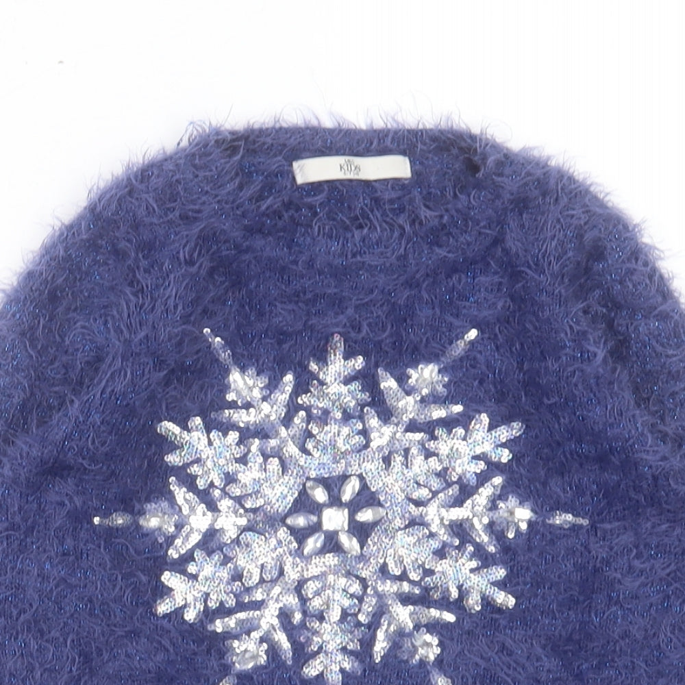 Marks and Spencer Girls Purple Crew Neck Acrylic Pullover Jumper Size 6-7 Years Pullover - Snowflake