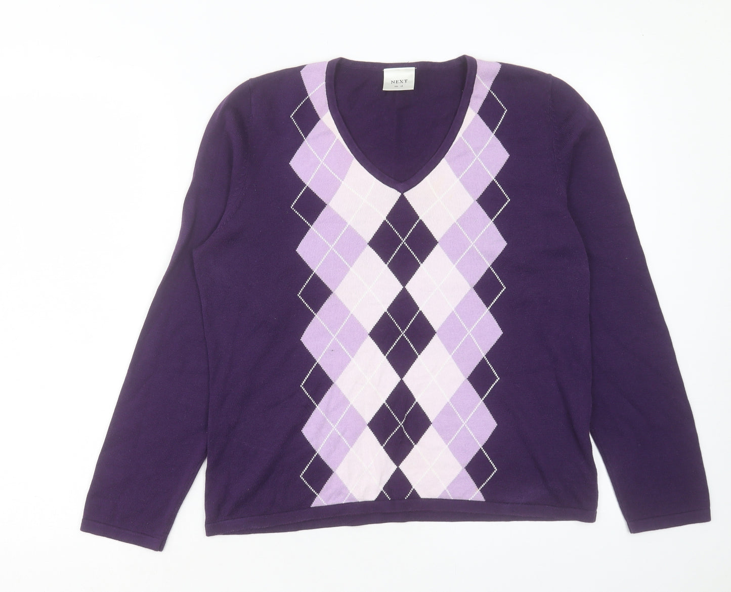 NEXT Womens Purple V-Neck Argyle/Diamond Cotton Pullover Jumper Size 16