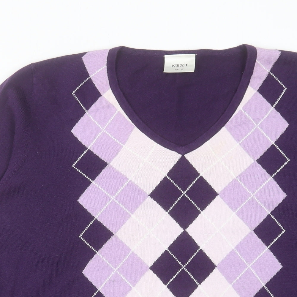 NEXT Womens Purple V-Neck Argyle/Diamond Cotton Pullover Jumper Size 16