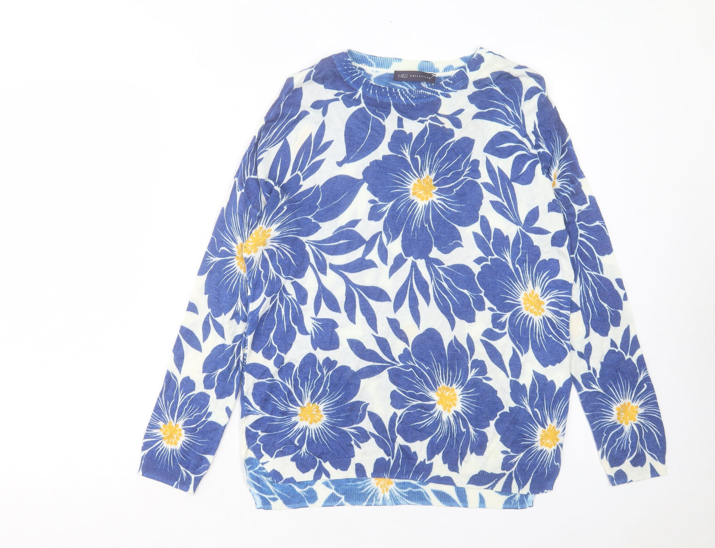 Marks and Spencer Womens Blue Round Neck Floral Viscose Pullover Jumper Size M