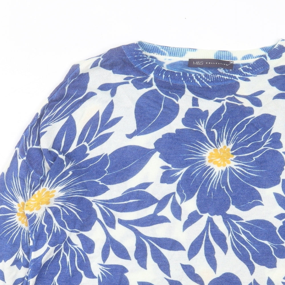 Marks and Spencer Womens Blue Round Neck Floral Viscose Pullover Jumper Size M