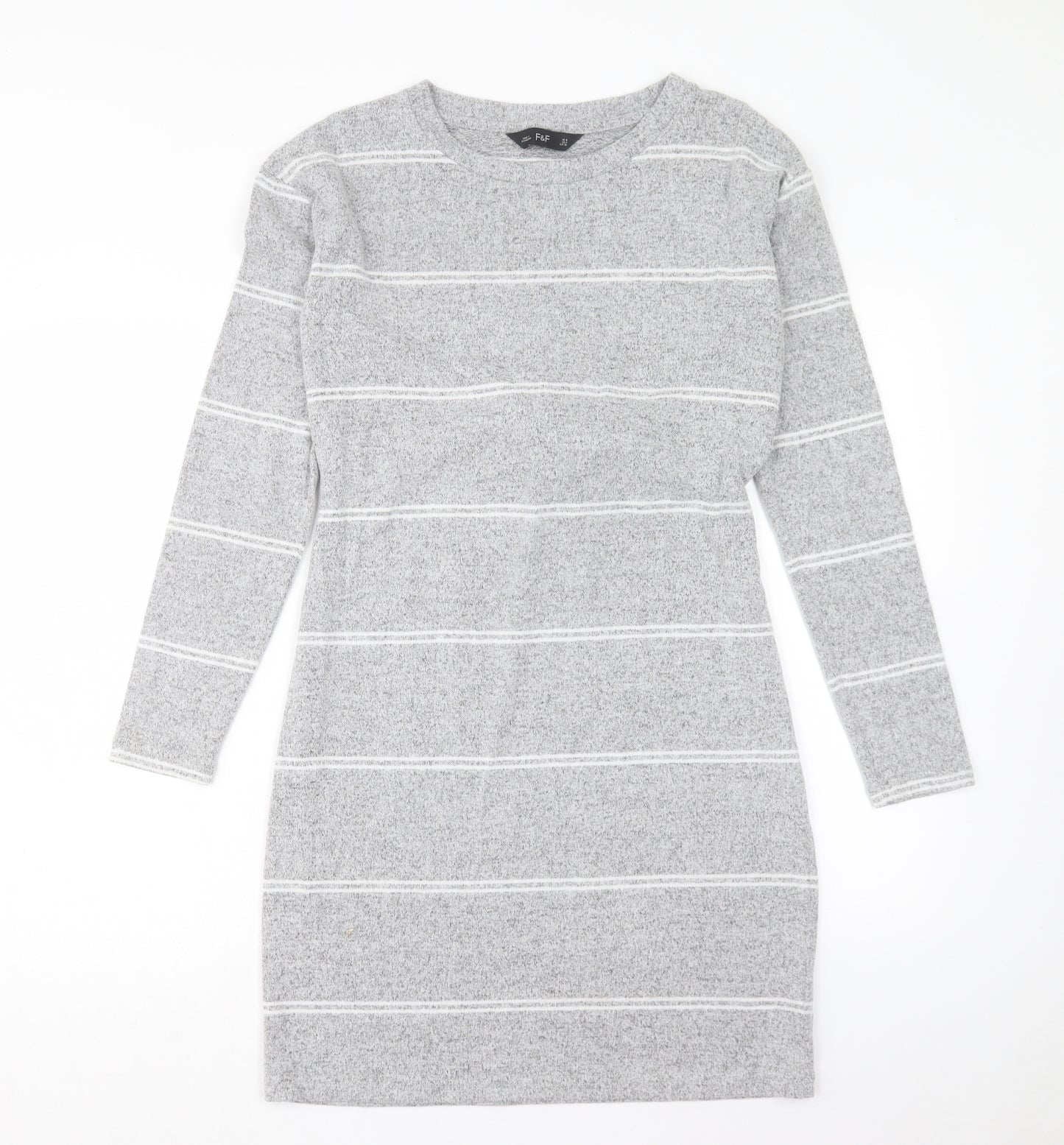 F&F Womens Grey Striped Viscose Jumper Dress Size 8 Round Neck Pullover