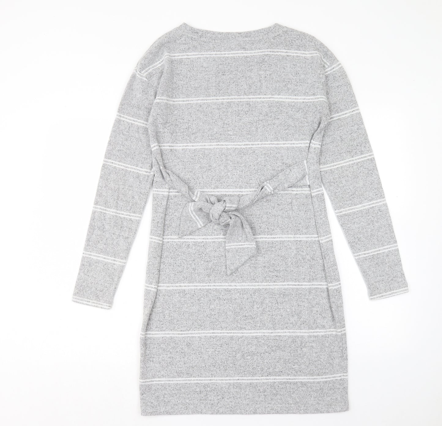 F&F Womens Grey Striped Viscose Jumper Dress Size 8 Round Neck Pullover