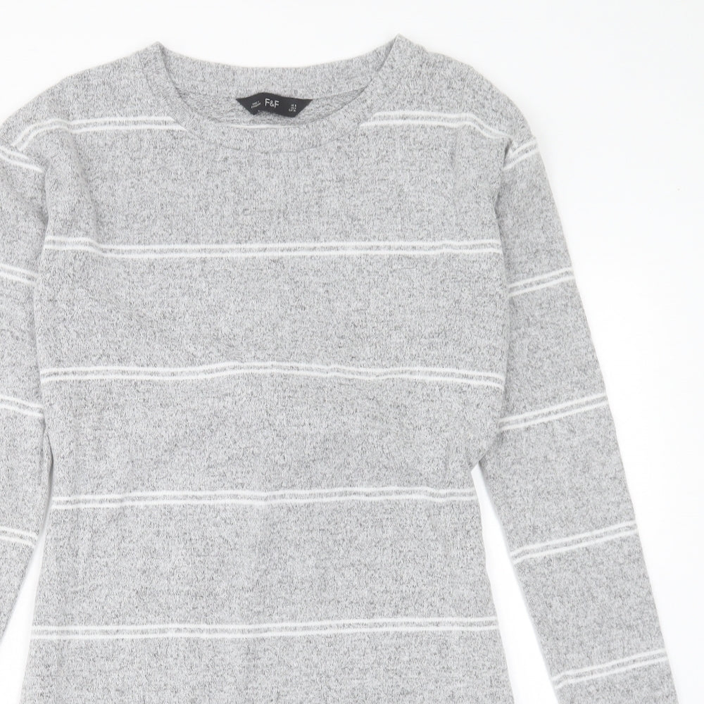 F&F Womens Grey Striped Viscose Jumper Dress Size 8 Round Neck Pullover