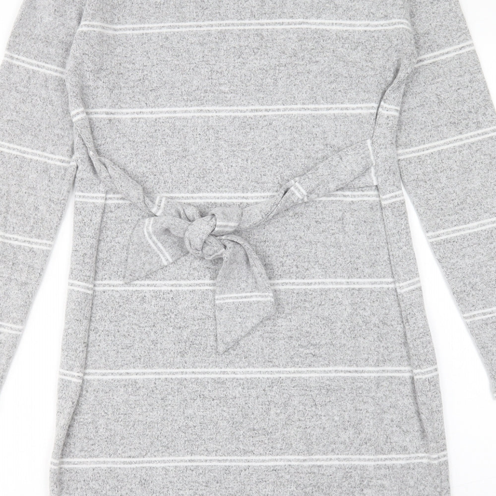 F&F Womens Grey Striped Viscose Jumper Dress Size 8 Round Neck Pullover