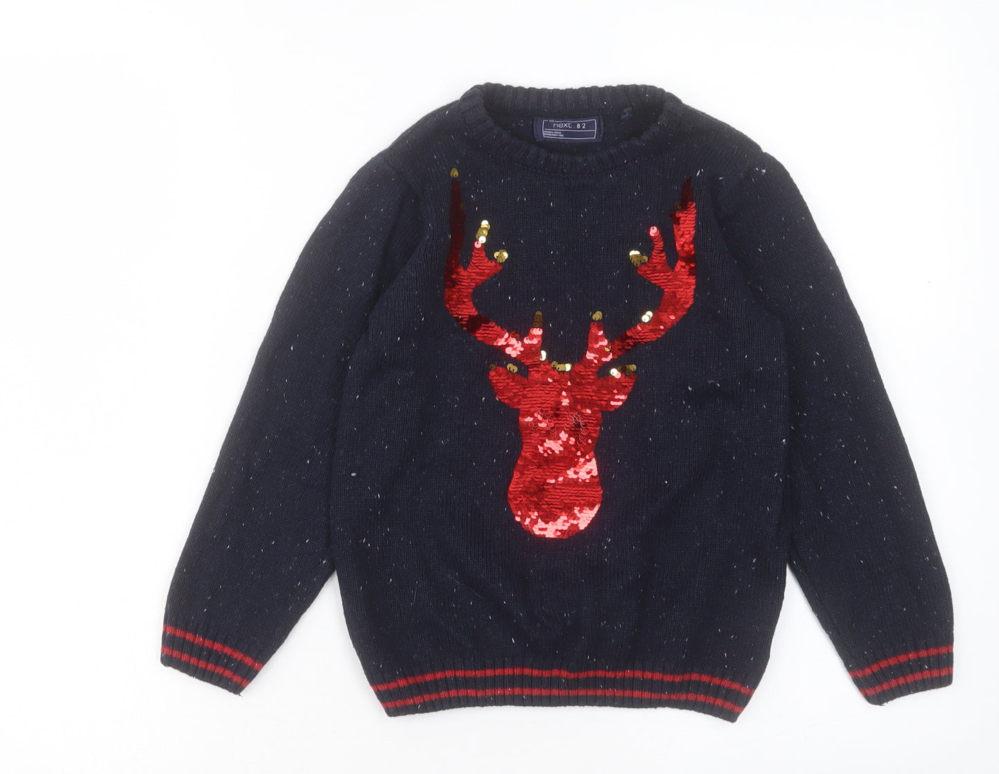 NEXT Boys Blue Crew Neck Acrylic Pullover Jumper Size 6-7 Years Pullover - Christmas Reindeer