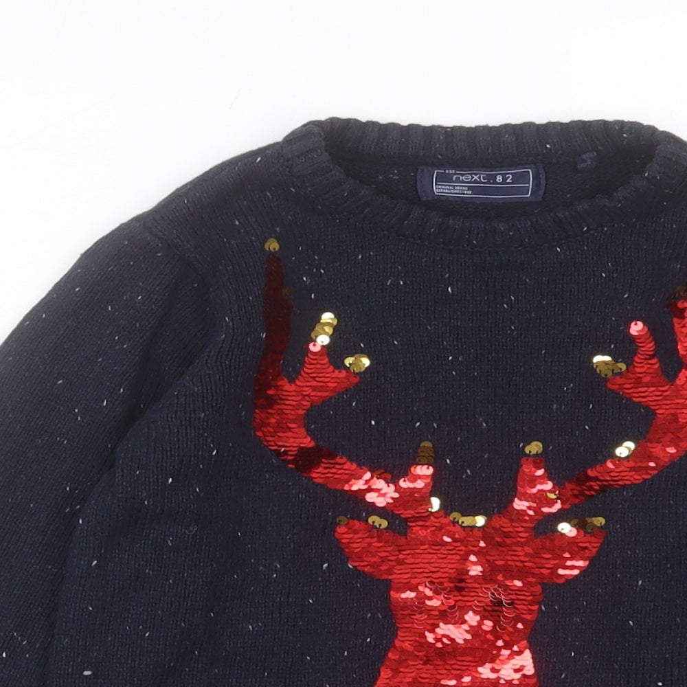 NEXT Boys Blue Crew Neck Acrylic Pullover Jumper Size 6-7 Years Pullover - Christmas Reindeer