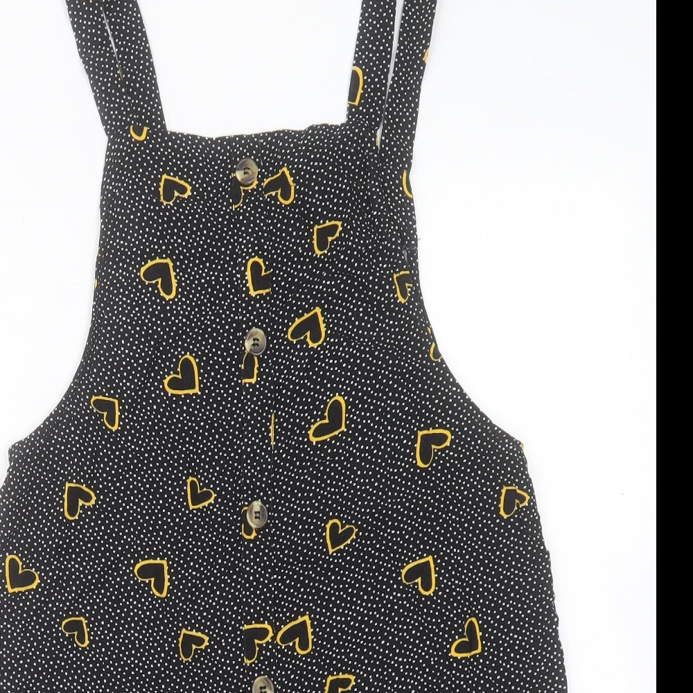 Primark Womens Black Geometric Viscose Pinafore/Dungaree Dress Size 10 Square Neck Pullover