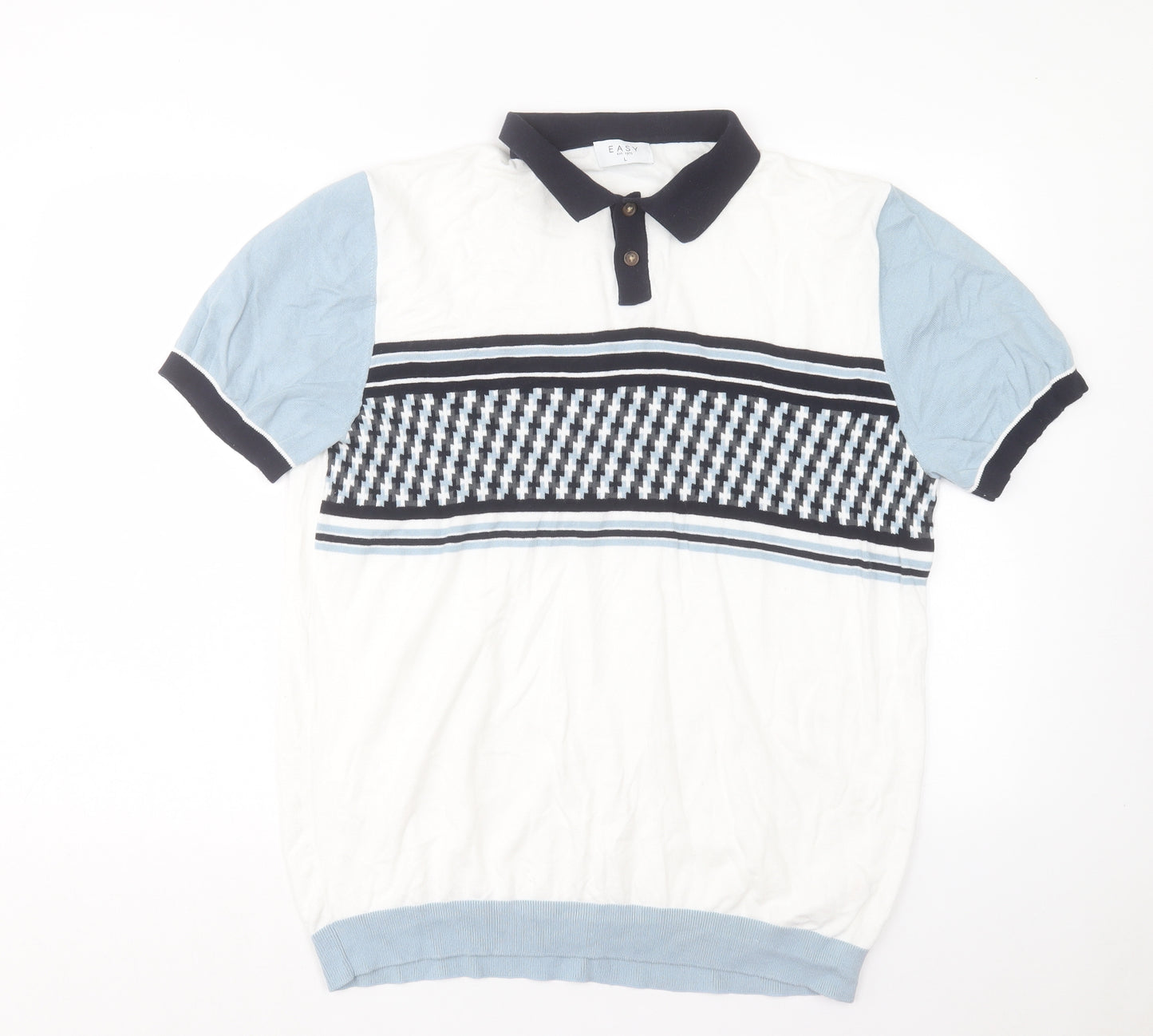 Easy Mens Multicoloured Striped Cotton Polo Size L Collared Button