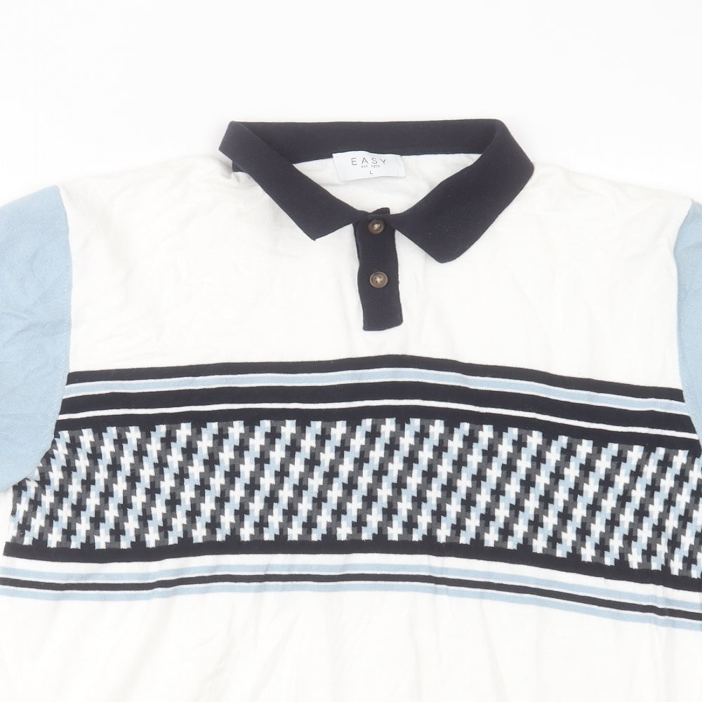 Easy Mens Multicoloured Striped Cotton Polo Size L Collared Button