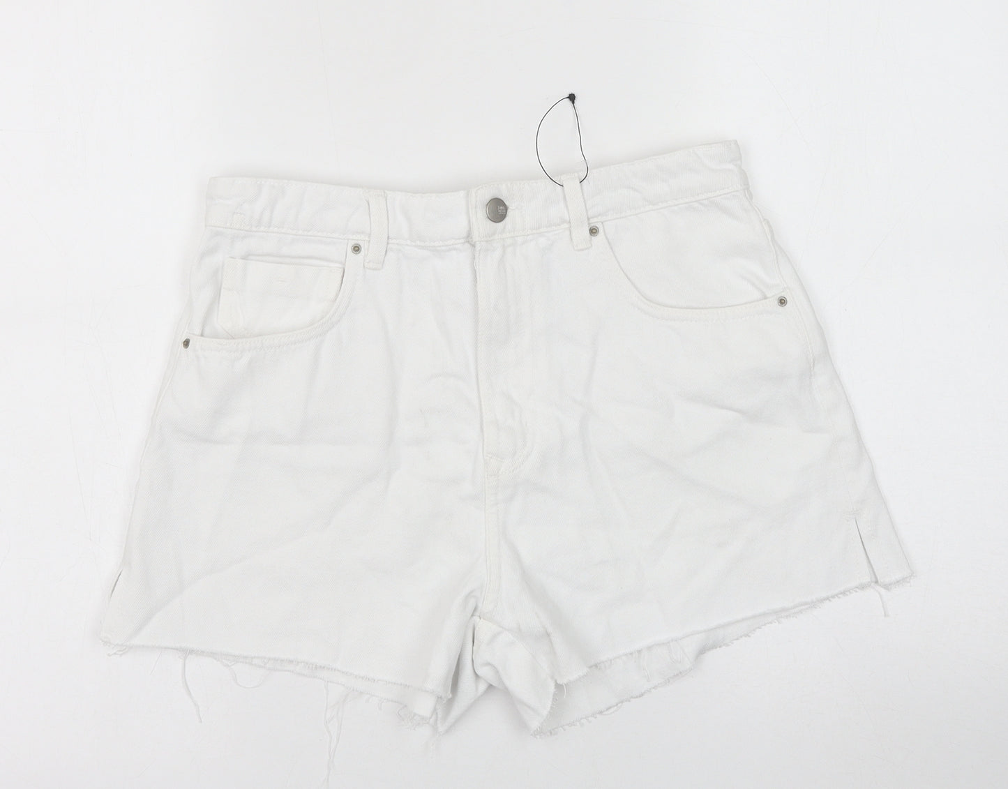 Zara Womens White Cotton Boyfriend Shorts Size 12 Regular Button