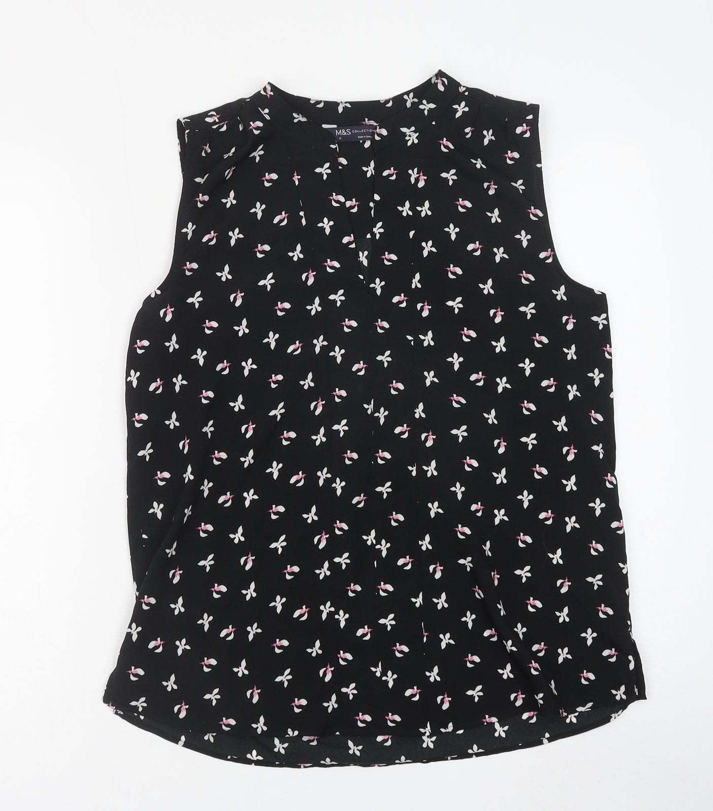 Marks and Spencer Womens Black Floral Polyester Basic Blouse Size 10 V-Neck